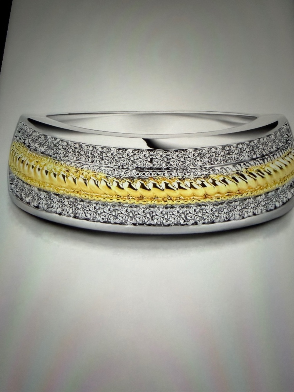 Edwardian Band Ring: Pave White Sapphires, 14kt White and Yellow Gold/Silver